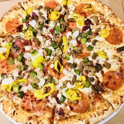 Express - HUNT BROTHER's PIZZA: Meat lover's with banana peppers, green peppers and onions (yummmmm)