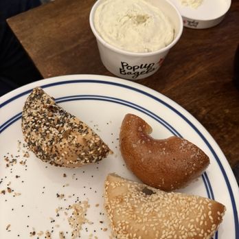 PopUp Bagels - Jalapeño schmear (schmear of the week for Dec 6); everything, salt, and sesame bagels cut in half by me cwd - Bagels Near Me - La Jolla, California