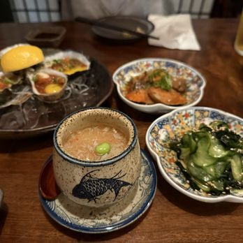 Ichika Sushi House - Oysters, ankimo, cucumber salad, and an egg pudding with crab - Japanese Near Me - Brisbane, California Ichika Sushi House - Oysters, ankimo, cucumber salad, and an egg pudding with crab - Japanese Near Me - Brisbane, California