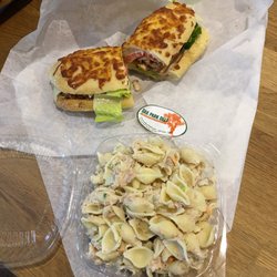 Oak Park Deli - Grilled chicken cheese bread sandwich and small tuna pasta salad, before digging in :)