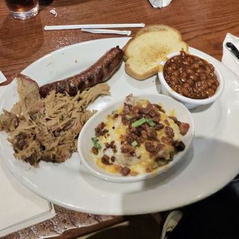 Smokey Bones Reading - Dried pulled pork, loaded, mashed potatoes with super hard bacon , beans taste, stale, and the sausage was so hard - Barbeque Near Me - Reading, Pennsylvania