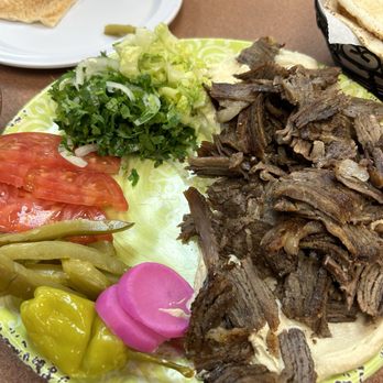 Damaskino - Beef shawarma over hummus platter - Mediterranean Near Me - Jacksonville, Florida