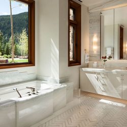 Decorative Materials - Aspen Park Project. Her bath with tile & stone from Decorative Materials.