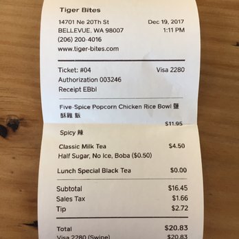 Tiger Bites - Quite pricy. One popcorn rice bowl and one boba milk tea with tips $20.83. - Taiwanese Near Me - Bellevue, Washington Tiger Bites - Quite pricy. One popcorn rice bowl and one boba milk tea with tips $20.83. - Taiwanese Near Me - Bellevue, Washington