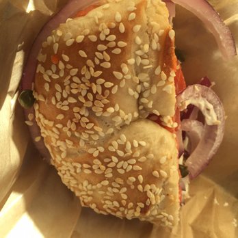 Bagelworks - Lox sandwich with tomato, red onion and lettuce. Delicious! - Bagels Near Me - Bozeman, Montana