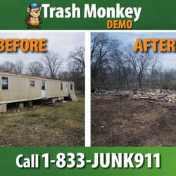 Trash Monkey Junk Removal & Hauling - This photo shows before and after trailer demolition in Charleston, West Virginia. Trash Monkey Junk Removal.