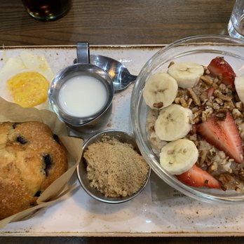 First Watch - Steel cut oatmeal with fresh fruit with a once over easy egg,served with milk  and maple brown sugar and a muffin., ( egg was added - Breakfast & Brunch Near Me - Boca Raton, Florida