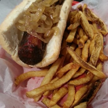 Slim's - Polish with grilled onions and hot dog, delicious homemade fries. - Sandwiches Near Me - Chicago, Illinois Slim's - Polish with grilled onions and hot dog, delicious homemade fries. - Sandwiches Near Me - Chicago, Illinois