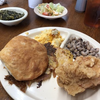 Debbie's Main Street Buffet - Fried chicken, black eyes, mac 'n cheese, cornbread under a good biscuit. Greens and a simple salad in the back. - Comfort Food Near Me - Camilla, Georgia