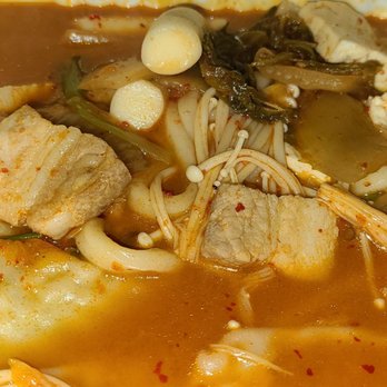 Mhat Korean Restaurant - Casserole noodle soup with kimchi, pork, enoki mushroom, etc. - Korean Near Me - La Palma, California