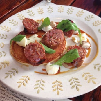 Odd Duck - Andouille sausage w corn pancake - American Near Me - Austin, Texas Odd Duck - Andouille sausage w corn pancake - American Near Me - Austin, Texas