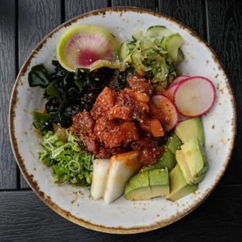 Momonoki - Poke. Wild bluefin tuna, salmon, yellowtail, avocado, scallions, pickled daikon, house chili soy. Chopped pickles, ginger, kanpyo. $14. - Cafes Near Me - Atlanta, Georgia
