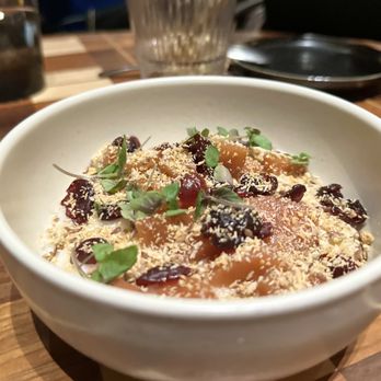 Twelvemonth - Coconut rice pudding with poached quince and brandied cranberries - Vegan Near Me - Burlingame, California Twelvemonth - Coconut rice pudding with poached quince and brandied cranberries - Vegan Near Me - Burlingame, California