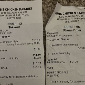Vons Chicken Kaimuki - Paid $6 more and got less food - not cool - Chicken Wings Near Me - Honolulu, Hawaii Vons Chicken Kaimuki - Paid $6 more and got less food - not cool - Chicken Wings Near Me - Honolulu, Hawaii