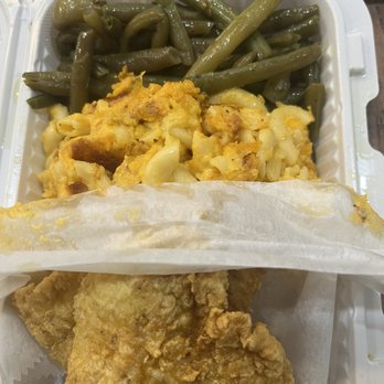 The Soul Spot - Fried Catfish Dinner with Mac and cheese and string beans. - Soul Food Near Me - Brooklyn, New York