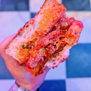 La Sorted's - Chinatown - The Foul Ball Meatball, Patty mozzarella parm and spicy tomato sauce on a garlic butter focaccia. - Pizza Near Me - Los Angeles, California La Sorted's - Chinatown - The Foul Ball Meatball, Patty mozzarella parm and spicy tomato sauce on a garlic butter focaccia. - Pizza Near Me - Los Angeles, California