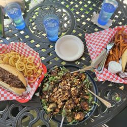 Whitewater Bar & Grill - Beef Brisket Sandwich + Curly Fries, Brussel Sprouts, Brisket Sandwich + Sweet Potato Fries