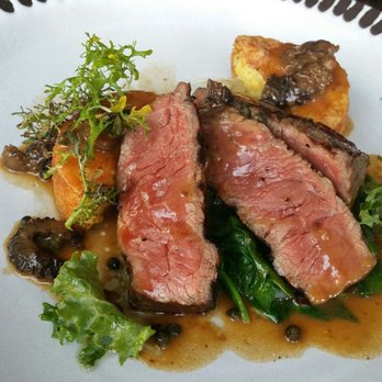 3rd Cousin - Grilled Wagyu NY  ($32): crisp polenta, spinach, ramps, cippolini, morels, green peppercorn - New American Near Me - San Francisco, California
