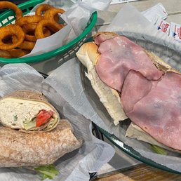 Amazing chicken salad wrap with provolone, the Great White sub, and super crunchy onion rings.
