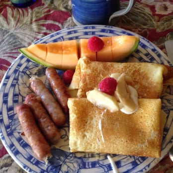 Fern Hill Farm - One of our amazing breakfasts. Crêpes filled with apples and freshly made yogurt. So, so good. - Bed & Breakfast Near Me - Naples, Maine Fern Hill Farm - One of our amazing breakfasts. Crêpes filled with apples and freshly made yogurt. So, so good. - Bed & Breakfast Near Me - Naples, Maine