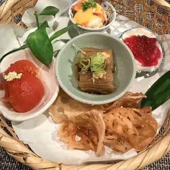 Toridokoro Raku - Appetizer assortment Shrimp, dashi tomato, chicken breast with jelly, ginger eggplant, lotus chips - Japanese Near Me - Las Vegas, Nevada Toridokoro Raku - Appetizer assortment Shrimp, dashi tomato, chicken breast with jelly, ginger eggplant, lotus chips - Japanese Near Me - Las Vegas, Nevada