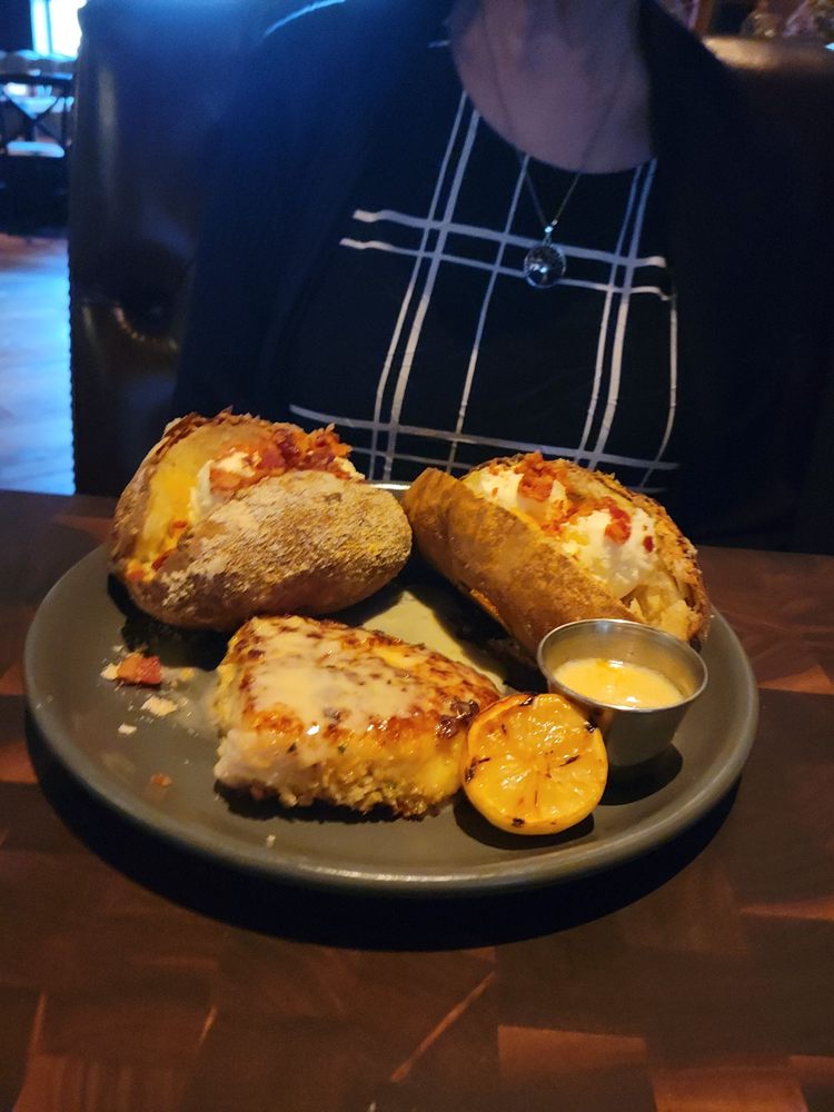 Wild Alaskan Macadamia Nut Crusted Halibut with Orange Ginger Butter Sauce & 2 Baked Potatoes Yelp