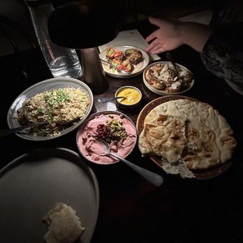 Amba - Beet raita, clay bread, fried zucchini, pilau bass magi rice, ghee basted shrimp - Indian Near Me - Cleveland, Ohio