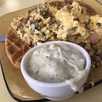 Green Light Diner - Waffle with egg scramble and gravy. - Diners Near Me - Poulsbo, Washington