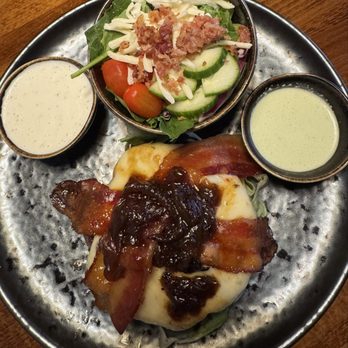 The Local on Morford - The local burger topped with candied bacon and an onion jam with jalapeño aïoli on the side no bun (how I asked for it) side salad. - American Near Me - Mcminnville, Tennessee The Local on Morford - The local burger topped with candied bacon and an onion jam with jalapeño aïoli on the side no bun (how I asked for it) side salad. - American Near Me - Mcminnville, Tennessee