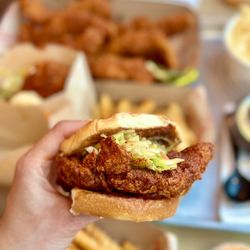 Main Chick Hot Chicken - Get the medium for the Hot Chicken Sandwich because it pairs well with the sweet Hawaiian bun and slaw