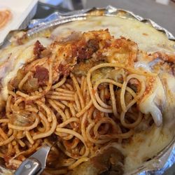 Buon Gusto Express - Eggplant Parmigiana...2 thin slices of eggplant over mushy spaghetti