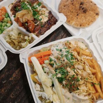 Falafel Stop - chicken shawarma fries plate (bottom) beef steak hummus plate (top) - Falafel Near Me - Sunnyvale, California