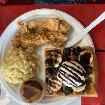 Waffles and Whatnot - BBQ fried chicken w/Nutella banana & blueberry waffle! - Waffles Near Me - Anchorage, Alaska