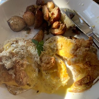 STIR - Crab and Shrimp Benedict on an English Muffin with Hollandaise and WELL DONE FRIED EGG. Served with Roasted Potatoes. - Bars Near Me - Raleigh, North Carolina STIR - Crab and Shrimp Benedict on an English Muffin with Hollandaise and WELL DONE FRIED EGG. Served with Roasted Potatoes. - Bars Near Me - Raleigh, North Carolina