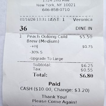 ViVi Bubble Tea - My sales receipt, January 16, 2026 - Bubble Tea Near Me - New York, New York ViVi Bubble Tea - My sales receipt, January 16, 2026 - Bubble Tea Near Me - New York, New York