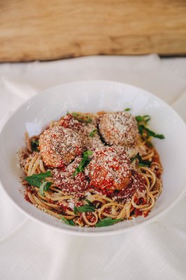 Photo of V Pizza - San Marco - Jacksonville, FL, US. Linguine & Meatballs - our all natural meatballs and San Marzano tomatoes over a big bowl of linguine pasta!