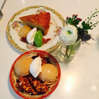 ABC Kitchen - Almond cake with poached pear and green apple sorbet (top), salted caramel sundae with chocolate sauce (bottom) - Breakfast & Brunch Near Me - New York, New York
