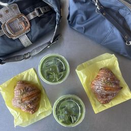 Pistachio Croissant, Matcha w/ agave and almond/oat milk