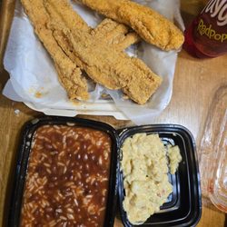 Serious Soul At Cubby's - Fried Catfish,  potato salad, vegetarian red beans and rice also tasty.