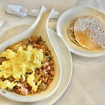 Scrambler Cafe - Meat Lovers Skillet w/ a side of pancakes. ($12) - Breakfast & Brunch Near Me - Plano, Texas Scrambler Cafe - Meat Lovers Skillet w/ a side of pancakes. ($12) - Breakfast & Brunch Near Me - Plano, Texas