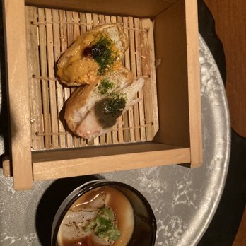 Wakuriya - Favorite dish of the night:  Inari sushi of Uni and crab plus Hokkaido Hotate Scallop with maitaki mushroom broth - Japanese Near Me - San Mateo, California