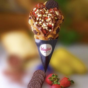Waflin - a cone of ice cream with chocolate, nuts, and strawberries - Ice Cream & Frozen Yogurt Near Me - Charleston, South Carolina
