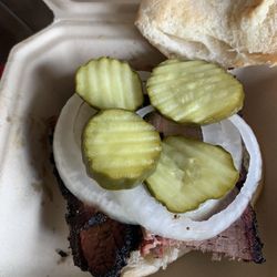 True Texas BBQ - Perfect sandwich with pickles and onions- sauce on the side.