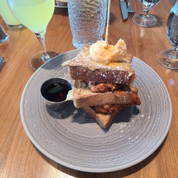 Water's Table - Fried chicken and french toast with Woodinville Whisky Maple syrup and hot sauce infused butter - New American Near Me - Renton, Washington Water's Table - Fried chicken and french toast with Woodinville Whisky Maple syrup and hot sauce infused butter - New American Near Me - Renton, Washington