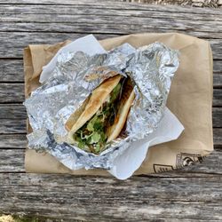 32nd Street Farmers Market - Mushroom with onions, goat cheese, greens and hot sauce in a pita.