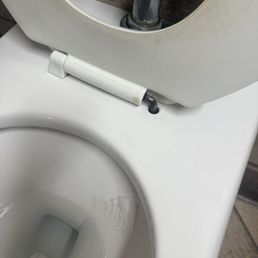Broken toilet seat in family restroom