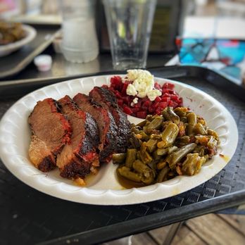 Captains BBQ - Beef Brisket Plate w Green Beans & Beet Salad with Goat Cheese - Barbeque Near Me - Palm Coast, Florida