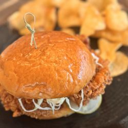 Crispy chicken sandwich with chips