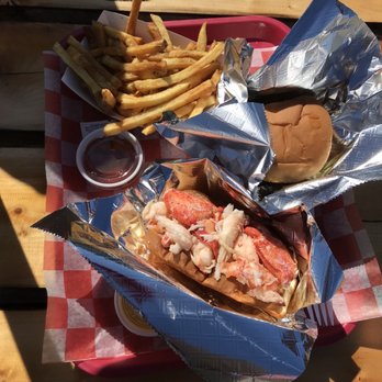 Sprague's Lobster - Hot butter lobster roll, burger royale, large hand cut fries and two canned sodas for about $40. Worth every penny! - Seafood Near Me - Wiscasset, Maine Sprague's Lobster - Hot butter lobster roll, burger royale, large hand cut fries and two canned sodas for about $40. Worth every penny! - Seafood Near Me - Wiscasset, Maine