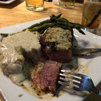 4th & Main Downtown Grill - Black and Blue dress New York - mashed potatoes with gravy  and asparagus - Steakhouses Near Me - Wray, Colorado